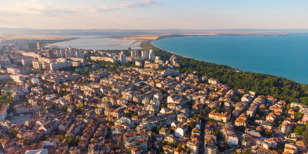 Aerial view of houses in Bourgas at sunset, Bulgaria