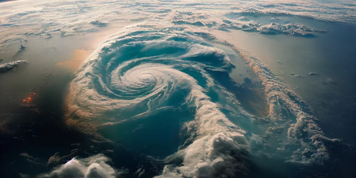 An aerial view of the swirling clouds of the typhoon