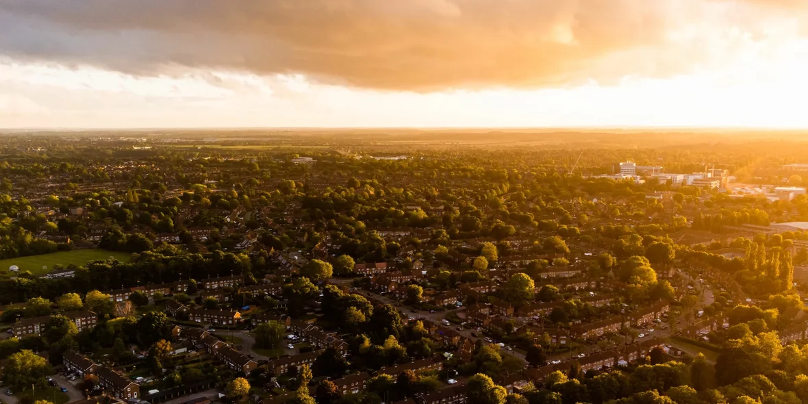 Welwyn Garden City in England at sunset