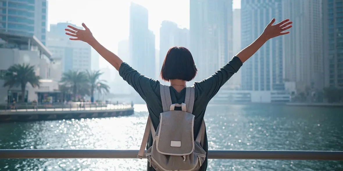 Girl in Dubai standing and waving her hands