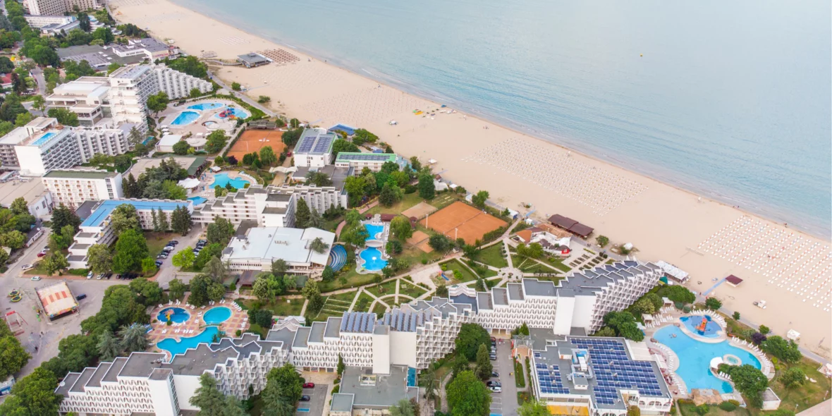 Drone aerial view of the sandy beach resort of Albena, Bulgaria