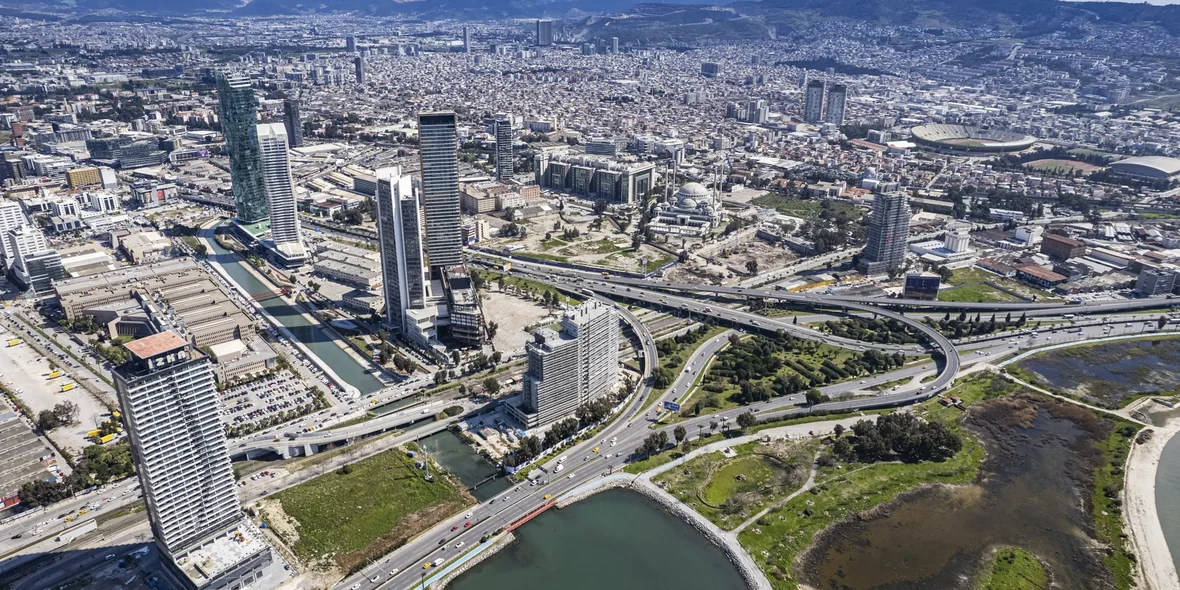 View of Izmir's new skyscraper district from Bayrakli Hill. Turkey.