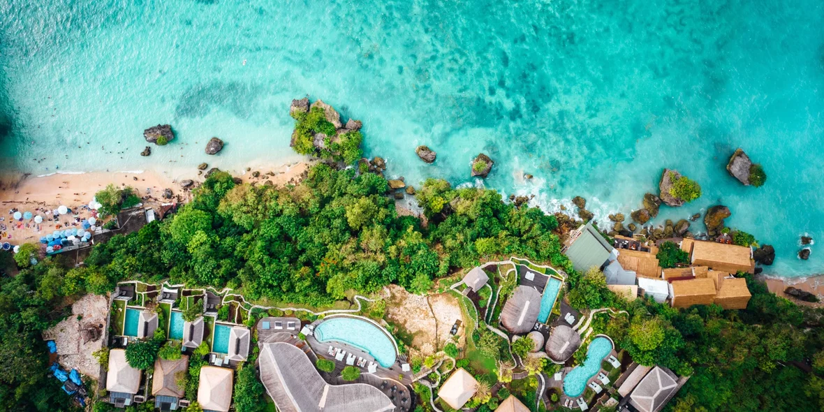 Aerial view of a coastal resort located on the beach of an island in Indonesia