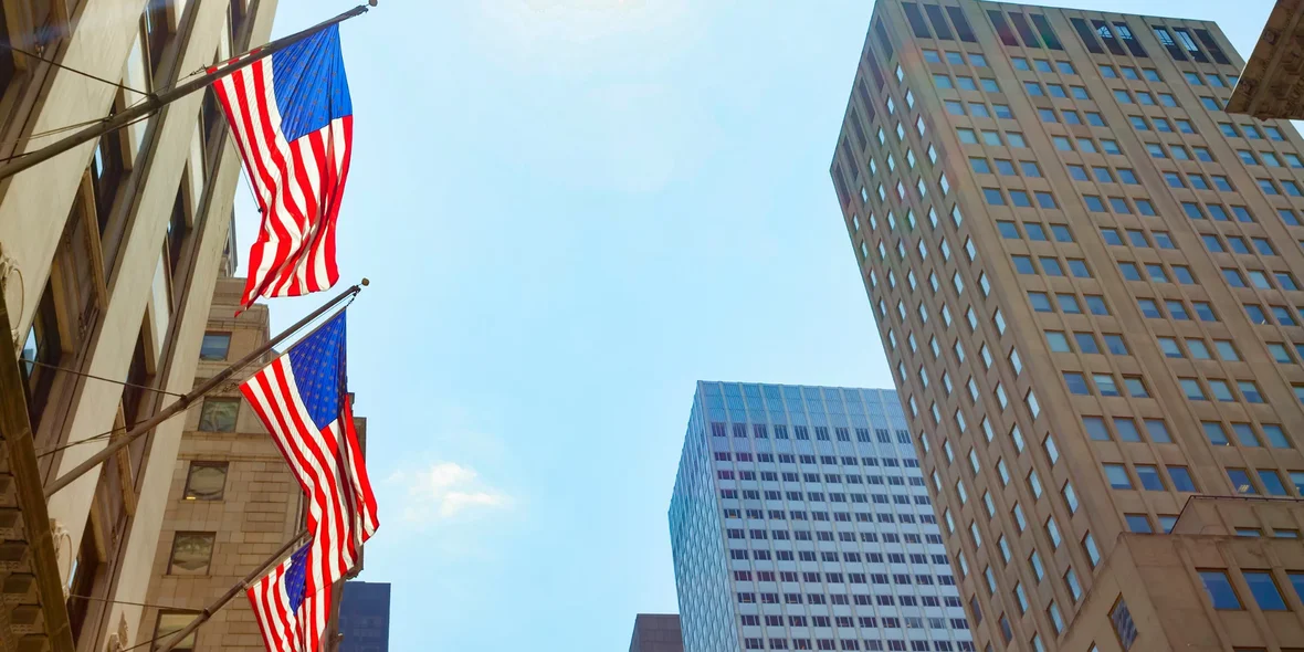 American flags on a building in New York City