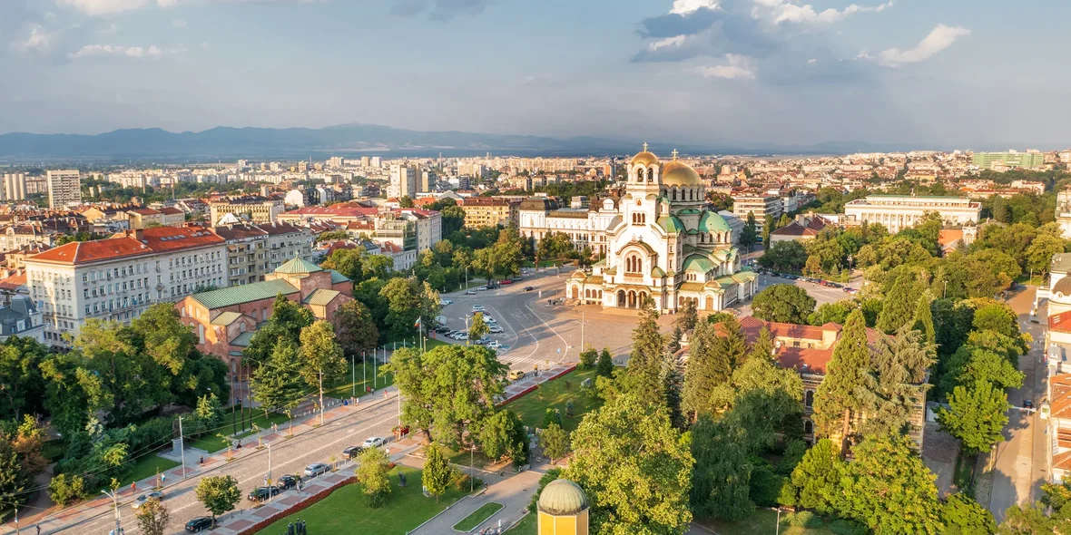 Aerial view of the city center and Alexander Nevsky Church, Sofia, Bulgaria
