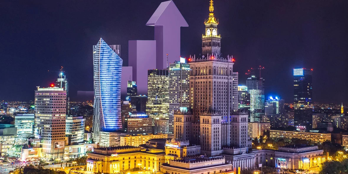 Nocna Warszawa, widok z góry na wieżowce
