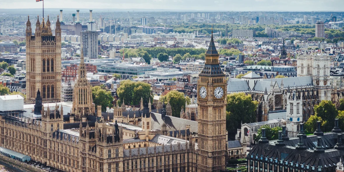 Top view of Big Ben and Westminster Bridge in London