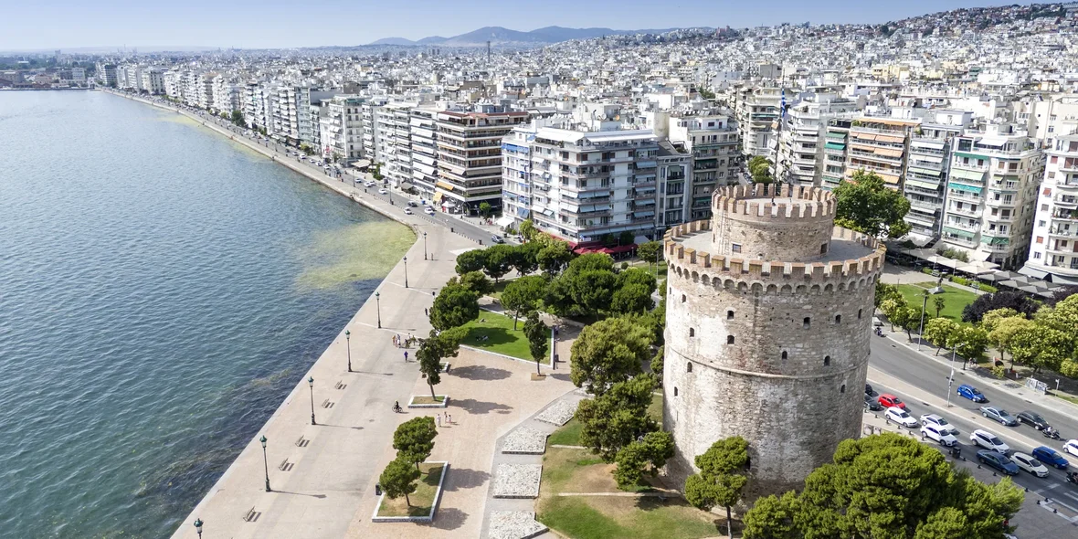 Aerial view of the White Tower in Thessaloniki, Greece