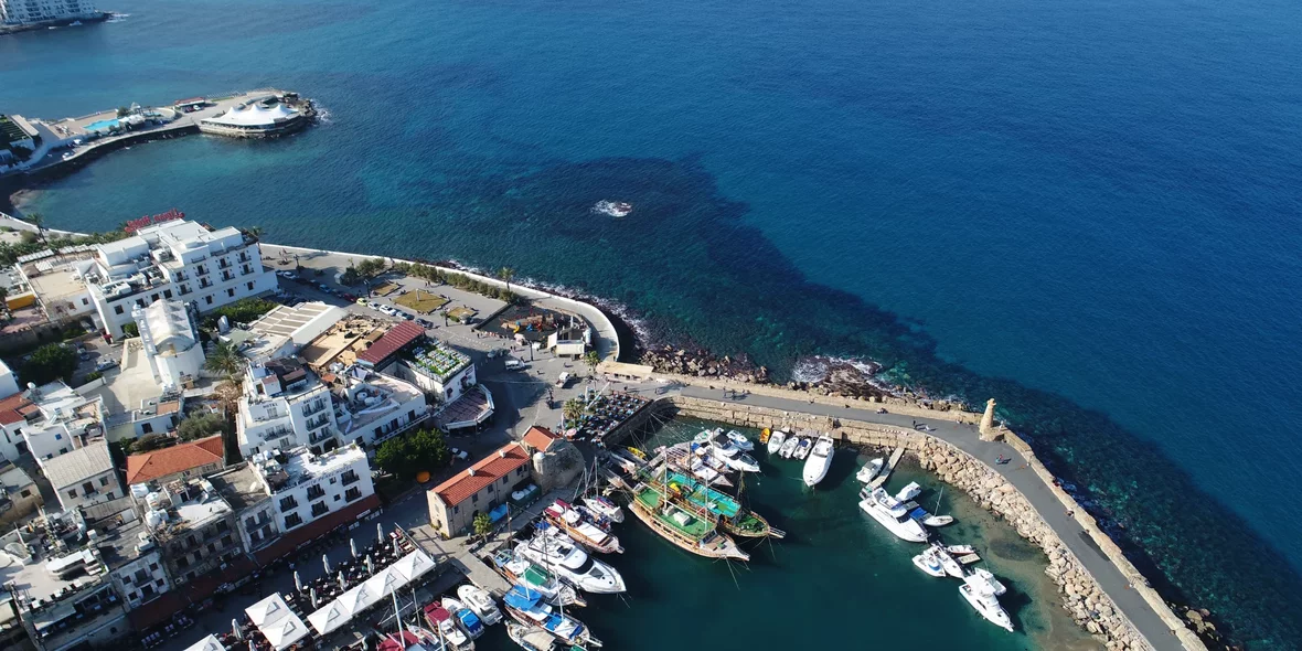 Harbor in Kyrenia, Northern Cyprus, view from drone