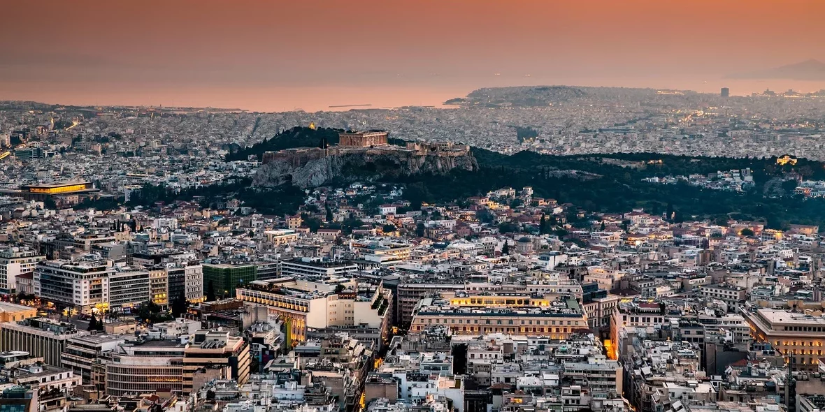 View of houses and the Acropolis in Athens