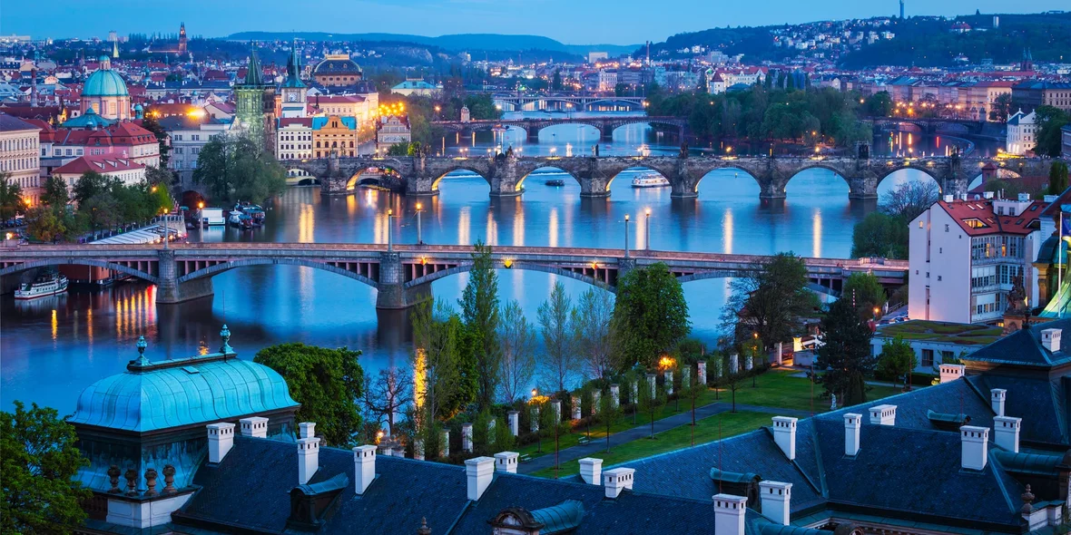 Evening view of bridges in Prague