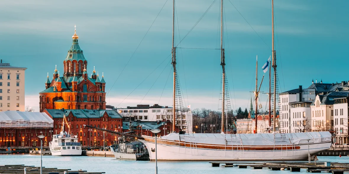 Helsinki, Finland. Evening view of the Assumption Cathedral from the pier