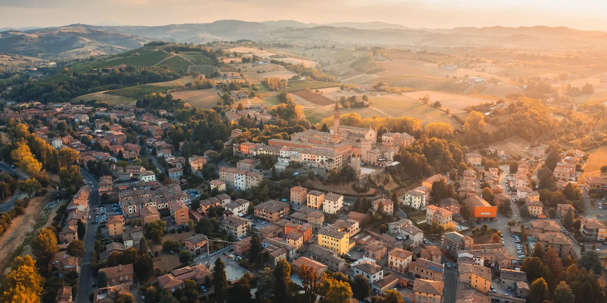 An aerial view of the village of Castelvetro. Modena, Italy