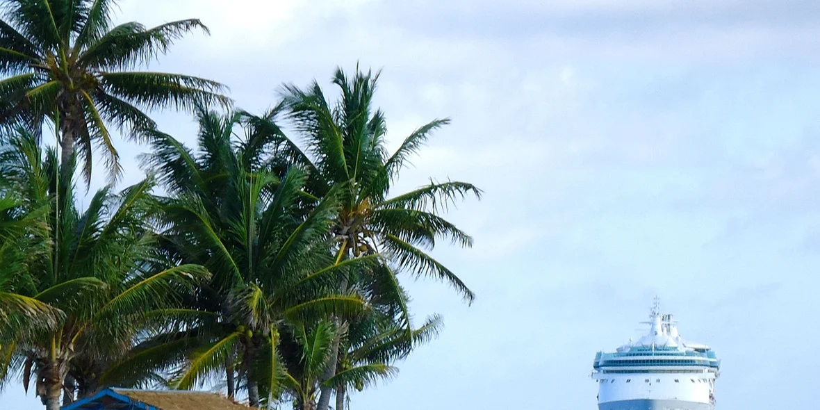 Caribbean Sea, a cruise ship, palm trees.