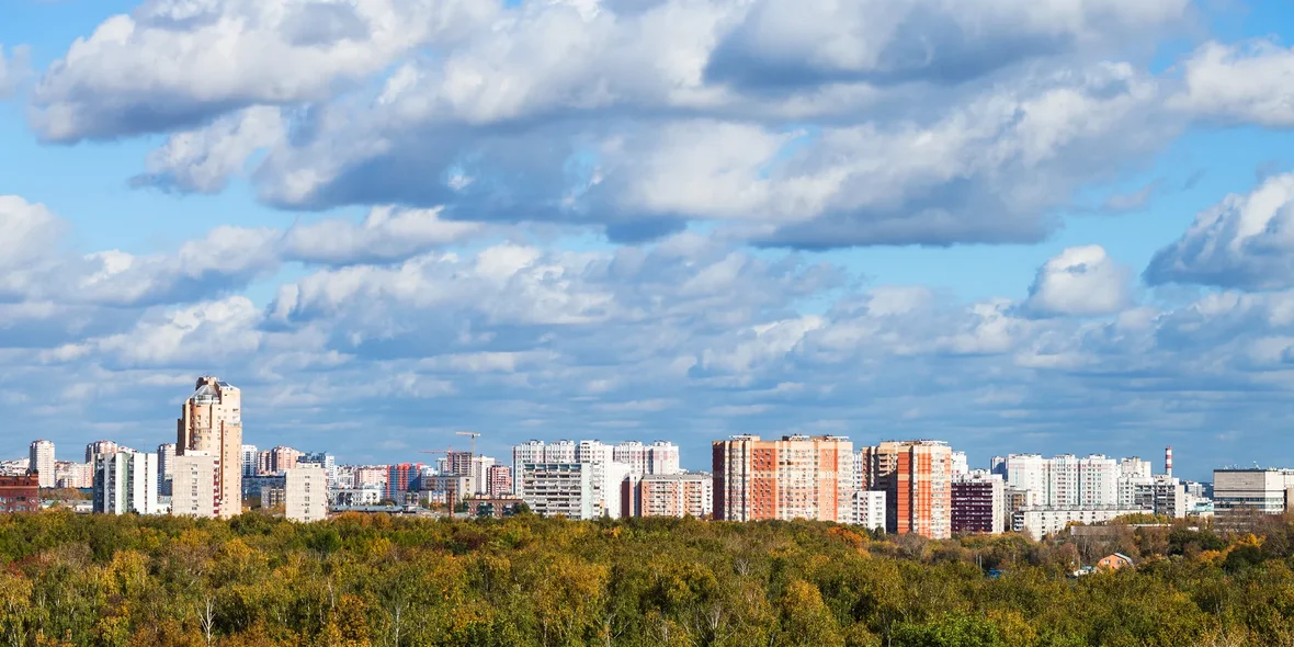 Осенний пейзаж с лесом и городом в солнечный день