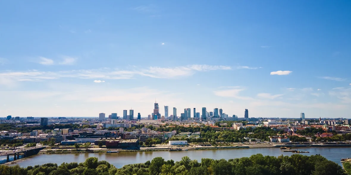 Aerial view of Warsaw cityscape with skyscrapers