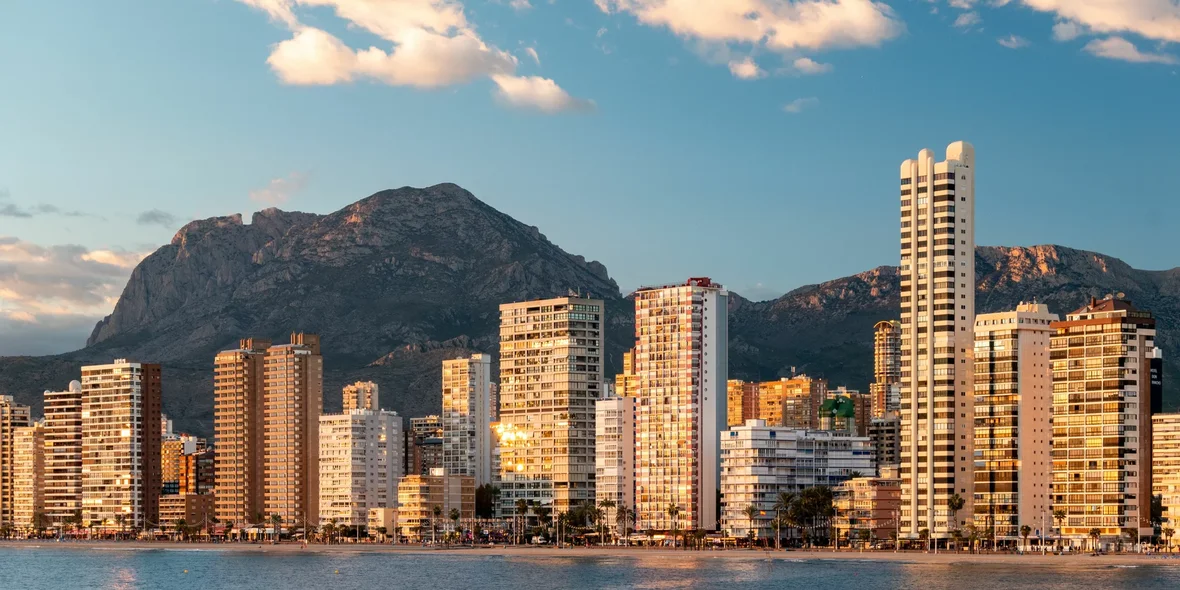 Panorama of the city of Benidorm with high-rise residential buildings in Spain