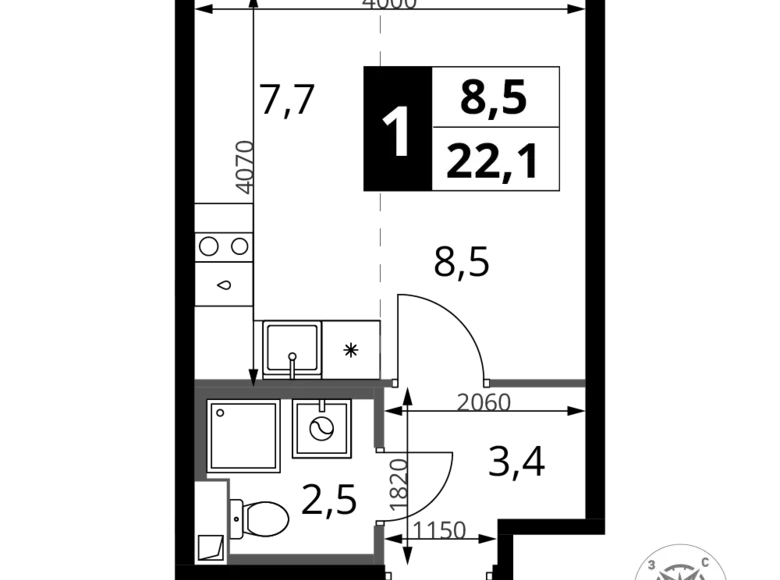 1 room studio apartment 22 m² Khimki, Russia