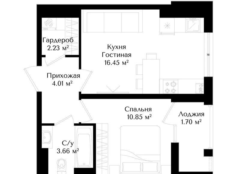 Kvartira 1 xona 38 m² Toshkentda