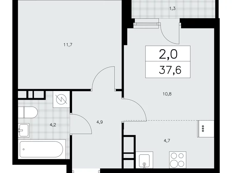 2 room apartment 38 m² Moscow, Russia