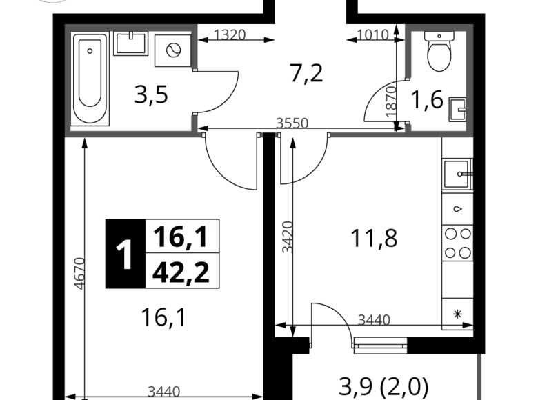 1 room apartment 42 m² Leninsky District, Russia