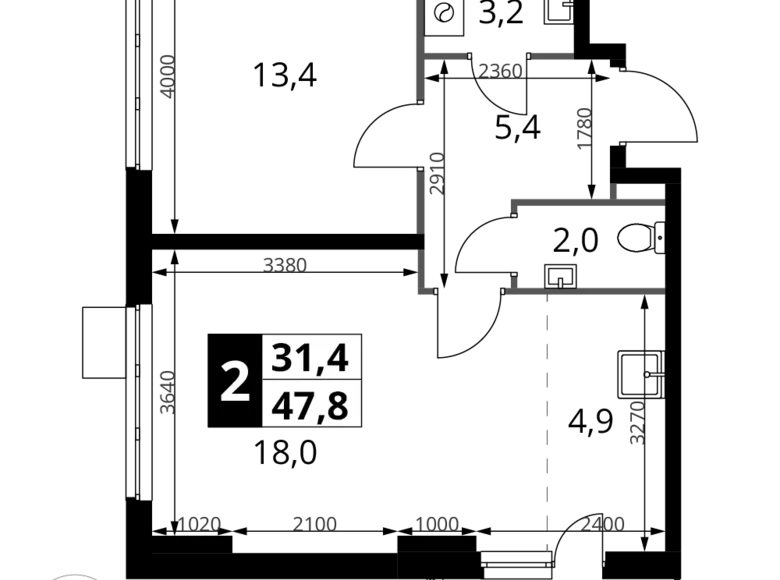 Mieszkanie 2 pokoi 48 m² Potapovo, Rosja