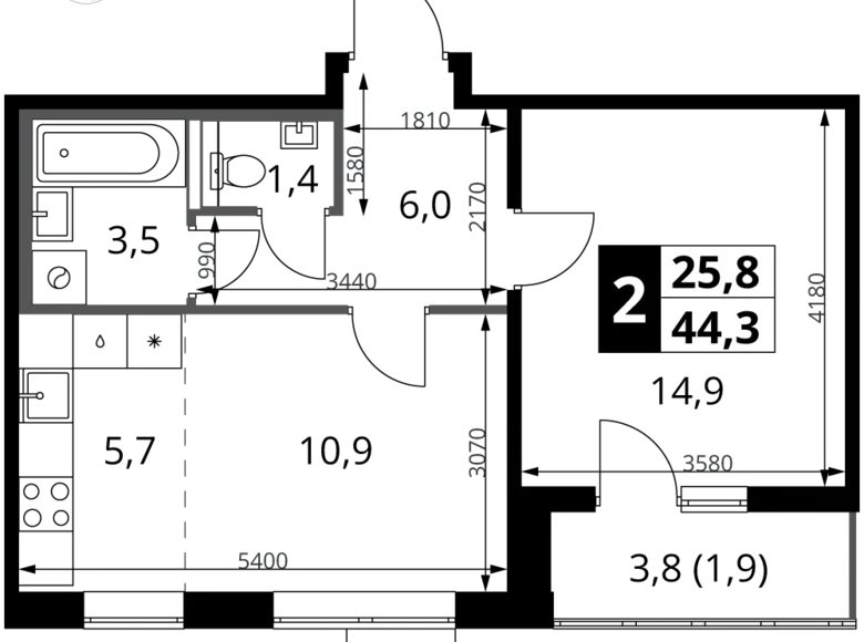 Mieszkanie 2 pokoi 44 m² rejon leniński, Rosja