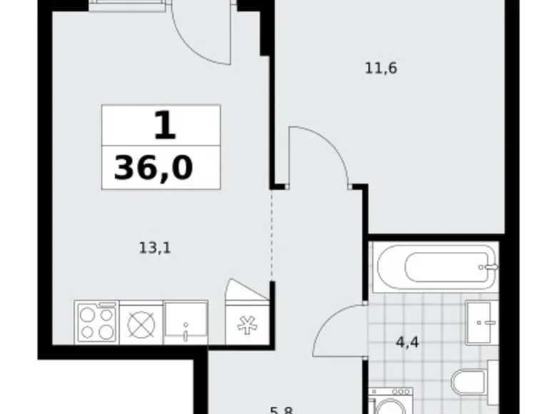 1 room apartment 36 m² Troitsk, Russia