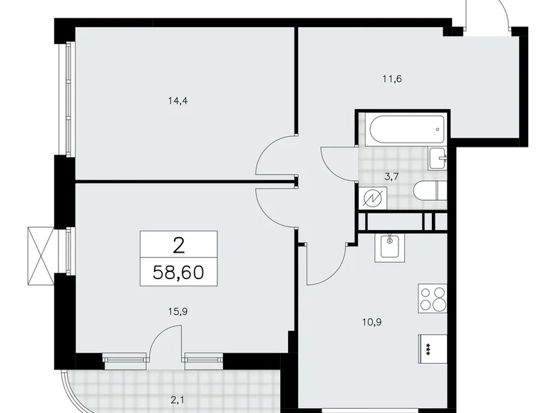 2 room apartment 59 m² Moscow, Russia