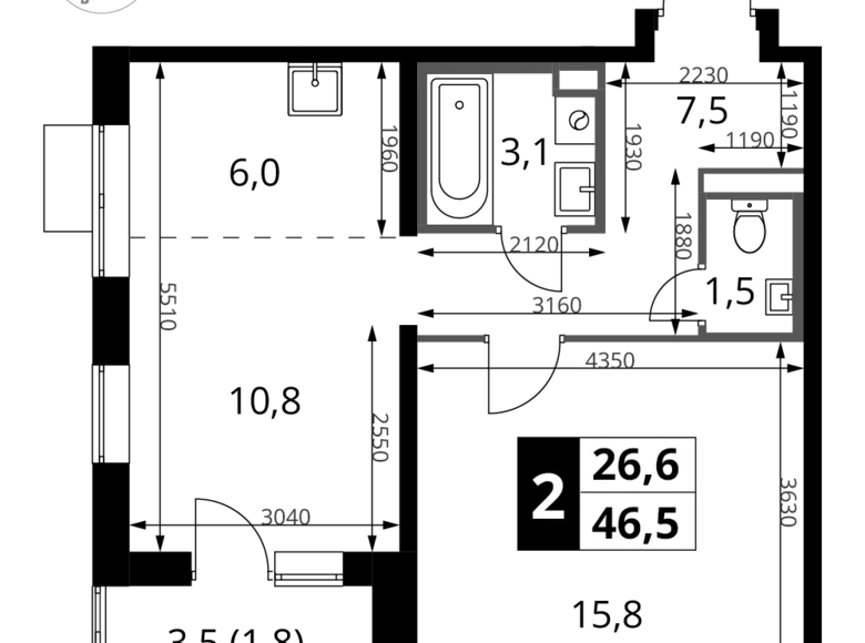 2 room apartment 47 m² Sapronovo, Russia