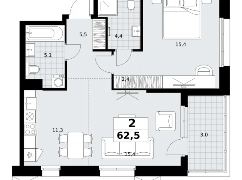 2 room apartment 63 m² Kommunarka, Russia