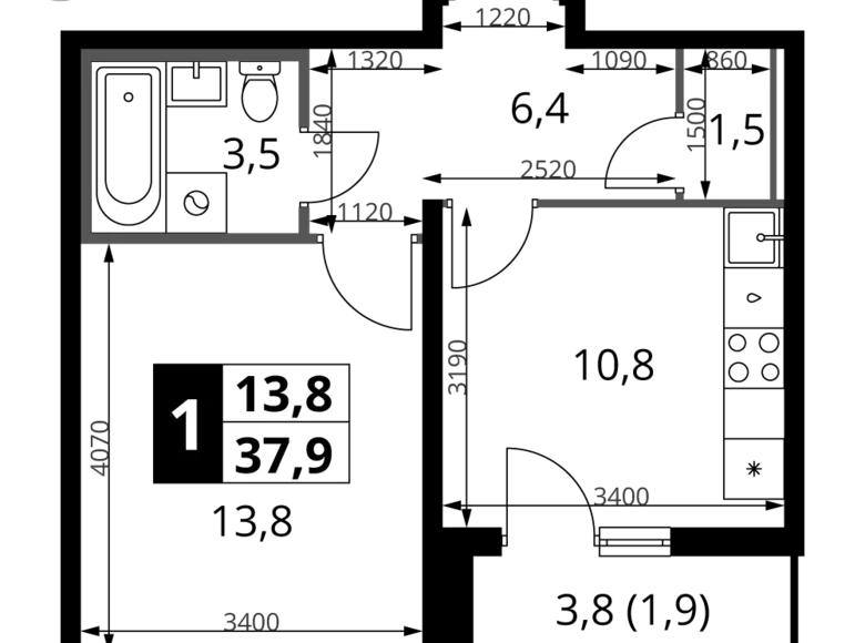 Mieszkanie 1 pokój 38 m² Chimki, Rosja
