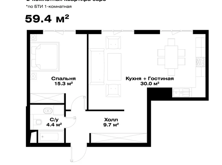 Kvartira 1 xona 59 m² Toshkentda