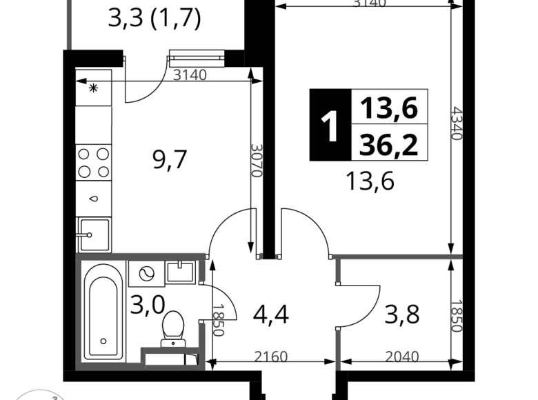 Wohnung 1 zimmer 36 m² Potapovo, Russland