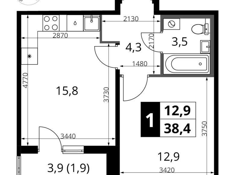 1 room apartment 38 m² Khimki, Russia