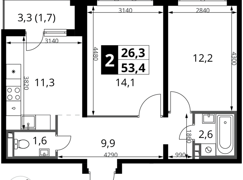 2 room apartment 53 m² Potapovo, Russia