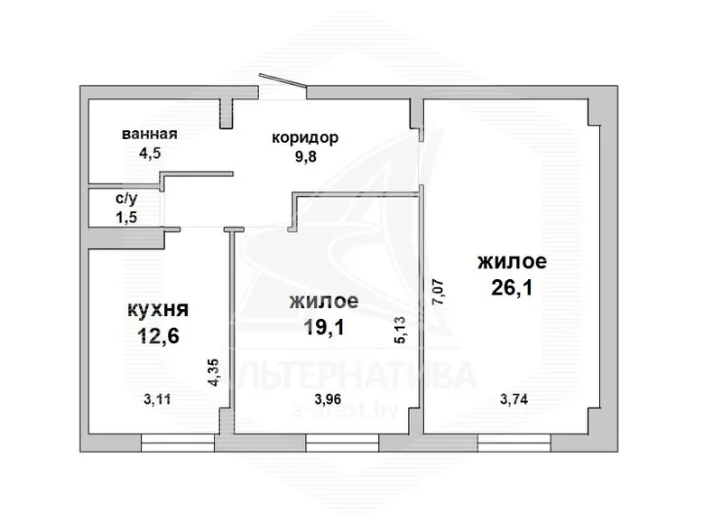 2 room apartment 74 m² Pruzhany, Belarus