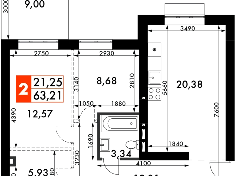 2 room apartment 63 m² Odincovskiy gorodskoy okrug, Russia