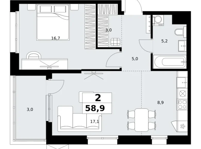 2 room apartment 59 m² Kommunarka, Russia