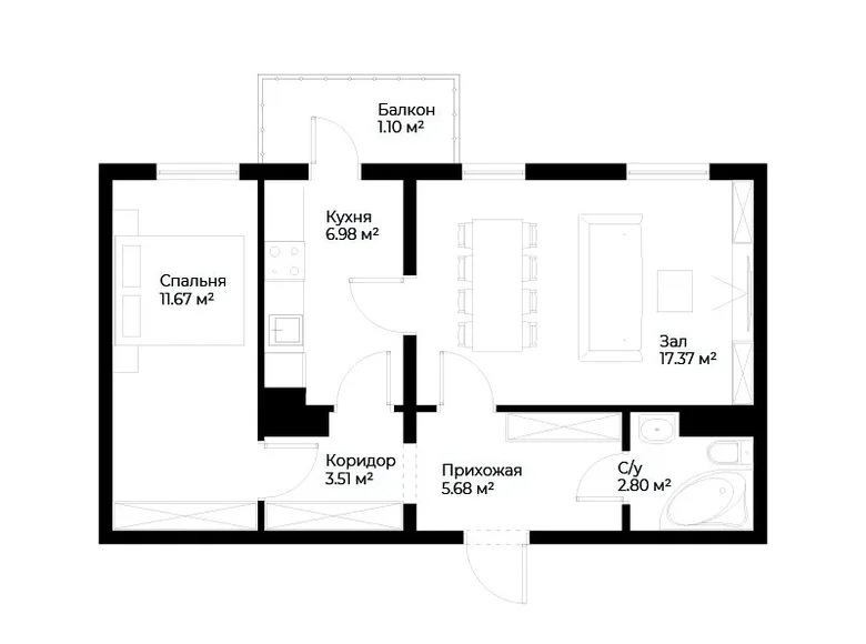 Квартира 2 комнаты 49 м² Ташкент, Узбекистан