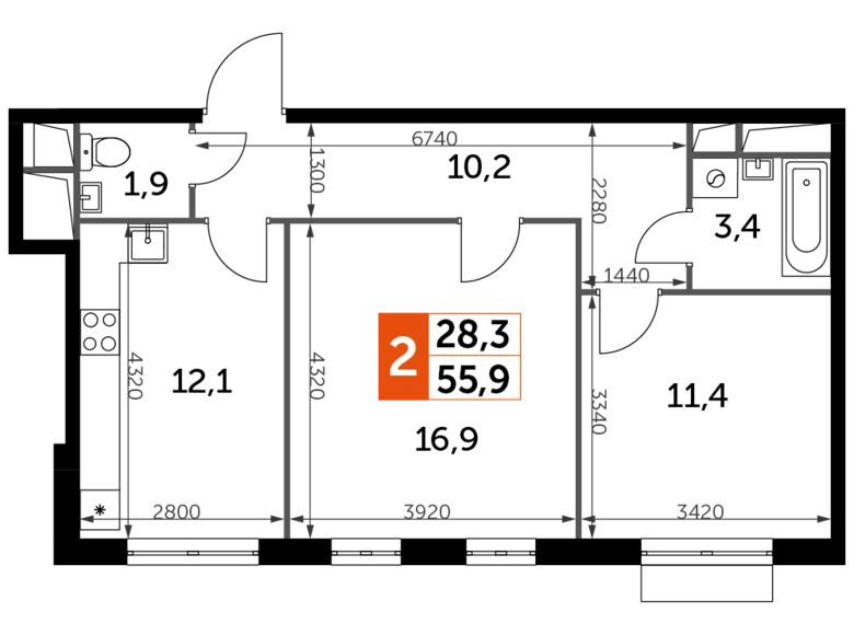 Mieszkanie 2 pokoi 56 m² Razvilka, Rosja