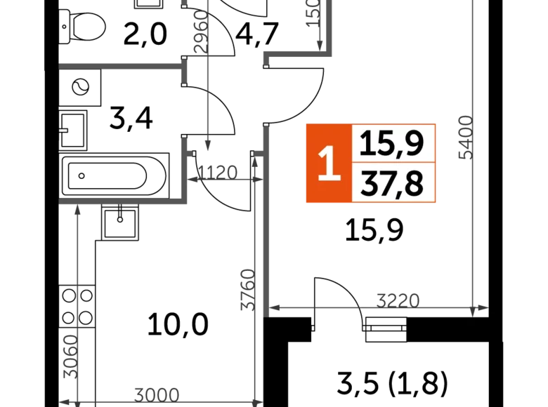 Mieszkanie 1 pokój 38 m² Razvilka, Rosja