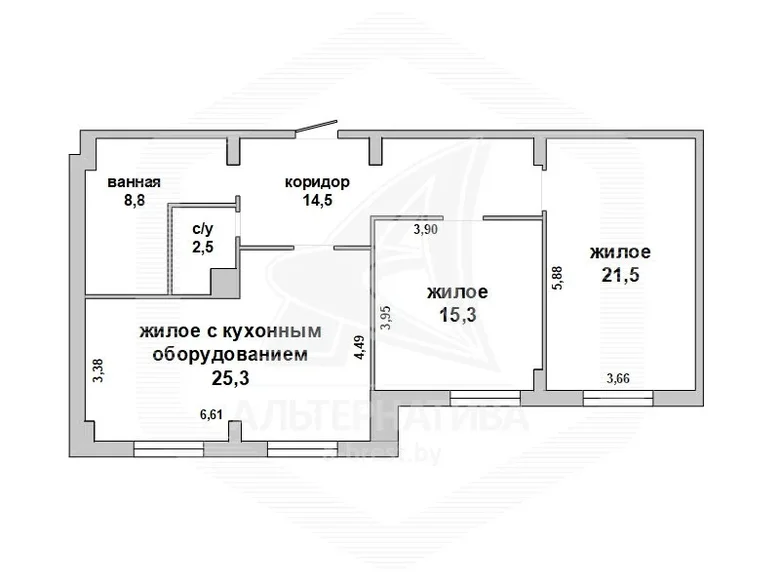 3 room apartment 88 m² Pruzhany, Belarus