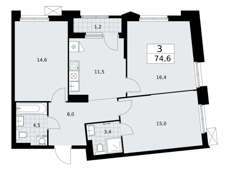 Appartement 3 chambres 75 m² Troïtsk, Russie