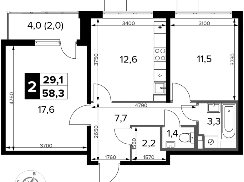 Appartement 2 chambres 58 m² Potapovo, Fédération de Russie