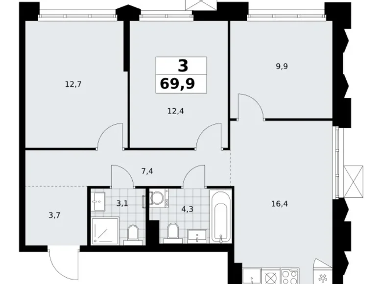3 room apartment 70 m² Troitsk, Russia