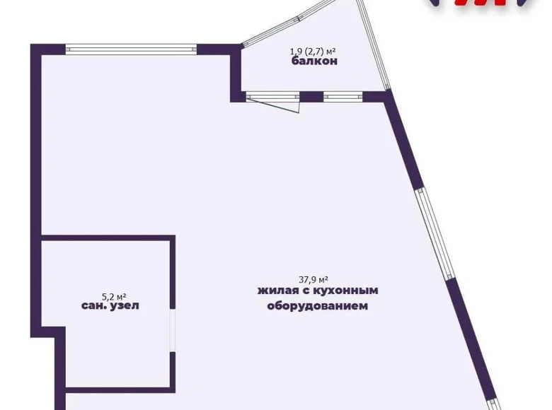 2 room apartment 45 m² Minsk, Belarus