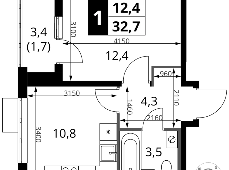 1 room apartment 33 m² Khimki, Russia