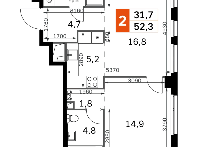 Mieszkanie 2 pokoi 52 m² North-Western Administrative Okrug, Rosja