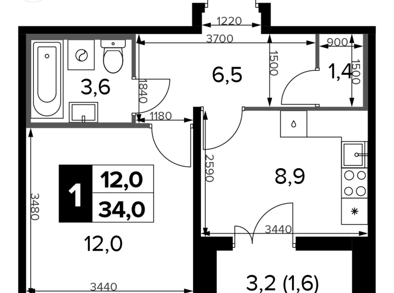 Квартира 1 комната 34 м² Химки, Россия